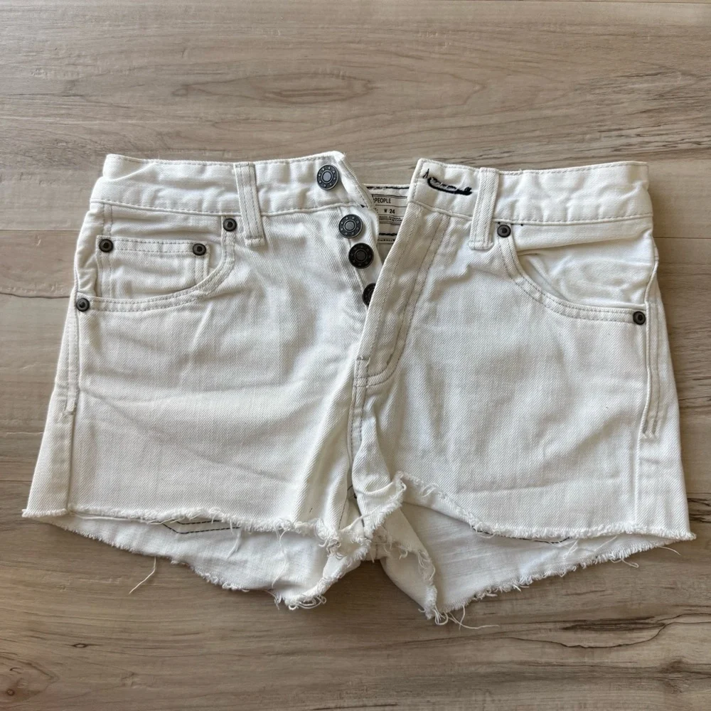 Free People White Denim Shorts Fray Hem Button Fly Cotton